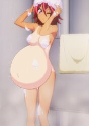 1girls belly big_belly big_breasts bokutachi_wa_benkyou_ga_dekinai breasts dark-skinned_female dark_skin edit female female_only one_eye_closed pregnant purple_eyes ready_to_pop red_hair screenshot_edit shower solo takemoto_uruka_(bokuben) tanlines timaeus