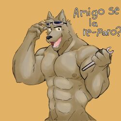 1boy abs anthro bara biceps d3nji goggles goggles_on_head humanoid ice_xhan muscular muscular_male naked nipples no_visible_genitalia nude original pecs spanish_text tools wolf