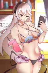 1340smile 1girls alternate_costume bikini breasts cleavage corrin_(fire_emblem) corrin_(fire_emblem)_(female) corrin_(summer)_(fire_emblem)_(female) drink female female_only fire_emblem fire_emblem_cipher fire_emblem_fates grey_hair large_breasts long_hair nintendo official_alternate_costume one_eye_closed phone red_eyes shell_bikini smartphone solo swimsuit very_long_hair