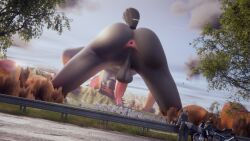 2022 3d_(artwork) anthro ass balls city cloud digital_media_(artwork) felid feline freschrenders genitals grass hi_res highway human landscape_dwarfing legacy_(freschrenders) looking_at_viewer lynx macro male mammal motorcycle penis plant presenting presenting_hindquarters sky solo tree vehicle