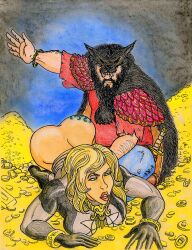 1boy 1boy1girl 1girls ass_tattoo blonde_hair bottomless_female cave_interior curvy_female defeated_heroine female_warrior gold_coin hetero heterosexual huntsman over_the_knee_spanking spanking straight thedarkwolf_(artist) treasure_hoard warrior