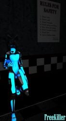 3d blue_skin fan_character five_nights_at_freddy's foxy_(fnaf) freekiller glowing_skin highres iphone leaning_on_wall looking_at_phone male male_only penis poster robot rules solo