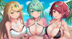 3girls absurd_res beach big_breasts bikini black_bikini blonde_hair breasts clouds core_crystal earrings green_eyes green_hair hand_on_breast high_ponytail holding_hands large_breasts long_hair looking_at_viewer midriff multi-strapped_bikini multiple_girls multiple_persona mythra navel nintendo one-piece_swimsuit outside palm_tree pneuma_(xenoblade) ponytail pyra red_eyes red_hair shiratamaaji short_hair side-tie_bikini sky swimsuit tiara water white_bikini white_one-piece_swimsuit xenoblade_(series) xenoblade_chronicles_2 yellow_eyes