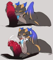 anthro ass big_butt big_penis bodily_fluids character_request cum cum_in_mouth cum_inside cum_on_face duo female genital_fluids genitals grey_body hatsumiilkshake hi_res horn huge_cock kobold licking long_tongue male male/female nipples nude open_mouth oral original original_character penile penis penis_lick scalie sex tongue tongue_out