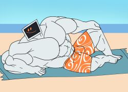 1boy abs anthro bara barazoku beach biceps bulge cerwcerw computer dominant hyper hyper_muscles hyper_pecs invites looking_at_viewer male male_focus male_only marcus_(cerwcerw) monitor moobs no_nipples object_head pecs robot robot_boy sex_machine shorts solo solo_male swimming_trunks