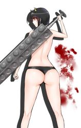 ass black_hair black_panties blood bubble_butt club demon_girl female female_only gedomaru gintama glowing_eyes horns kanabou libre looking_at_viewer looking_back oni oni_horns panties short_hair solo topless topless_female weapon white_background wide_hips youkai