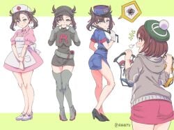 2girls alternate_costume baton belt bikini black_hair blue_bikini brown_eyes brown_hair cosplay female female_only gloria_(pokemon) green_eyes grey_cardigan high_heel_boots high_heels holding_clothing marnie_(pokemon) microskirt multiple_girls nightstick nintendo nurse nurse_cap nurse_joy_(cosplay) nurse_uniform officer_jenny_(pokemon)_(cosplay) pink_dress poke_ball_symbol pokeball pokemon pokemon_ss police_hat police_uniform policewoman short_hair skirt swimsuit take_your_pick team_rocket team_rocket_(cosplay) team_rocket_uniform twintails vinhnyu yellow_bikini