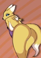 absurd_res anthro anus ass bandai_namco big_butt blue_eyes breasts canid canine canis digimon digimon_(species) female fluffy fluffy_chest fox fox_tail fur genitals hi_res looking_at_viewer looking_back mammal nipples pussy renamon skade_(artist) solo thick_thighs yellow_body yellow_fur