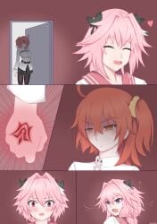 1boy 1girls angry angry_face astolfo_(fate) blush caught command_spell controlled daruko536 fate/grand_order fate_(series) female femboy fujimaru_ritsuka_(female) gudako hypnosis hypnotized male panels question_mark turning_around turning_head