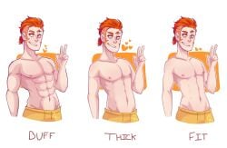 abs anothrz biceps dyed_hair fnafhs fnafhs_z3ro male_only muscular muscular_male nipples orange_hair oxy_(fnafhs) pecs topless transformation transformation_sequence weight_gain