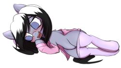 an-m black_hair blush clothing darkened_genitalia equid equine fan_character female genitals hair hasbro hi_res horo horse legwear lying mammal multicolored_hair my_little_pony on_side pajamas pantyhose pony pussy shy simple_background solo undressing white_hair