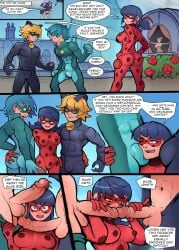 adrien_agreste big_penis cat_noir cock_shock comparing_penis erection ladybug_(character) luka_couffaine marinette_cheng marinette_dupain-cheng markydaysaid miraculous_ladybug multiple_boys penis_awe penis_inspection size_matters skin_tight_suit viperion