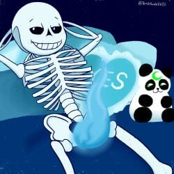 animated_skeleton anthro bed black_body black_fur black_nose bone fur fur_markings furniture genitals giant_panda green_eyes humanoid lunarpanda8686 male male_only mammal markings not_furry nude penis pillow plushie round_ears sans skeleton smile solo undead undertale undertale_(series) ursid video_games white_body white_fur