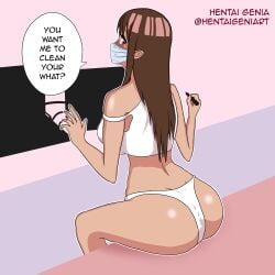 blush blushing_at_viewer brown_hair drawing drawing_tablet genia_(oc) glossy hentai_genia hentai_genia_(oc) mask masked masked_female red_eyes white_panties white_shirt