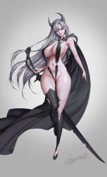 1girls absurdres armpits belly belly_button black_thighhighs breasts bright_pupils cape child_bearing_hips demon_girl female female_only full_body grey_background grey_eyes grey_hair highres holding holding_sword holding_weapon horns huge_breasts long_hair navel original partially_visible_vulva pubic_tattoo reverse_grip ripped_stockings signature slingshot_swimsuit succubus succubus_horns succubus_queen succubus_queen_(tangerine) succubus_tattoo swimsuit sword tangerine_(dudu) tattoo thick_thighs thighhighs thighs thin_waist very_long_hair weapon white_pupils wide_hips