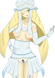 bar_censor blonde_hair blush censor_bar censored cosplay doors_drop exposed_breasts exposed_pussy game_freak green_eyes lusamine_(pokemon) nihilego_(cosplay) nintendo pokemon pokemon_(cosplay) pokemon_sm pubic_hair pussy solo solo_female white_background