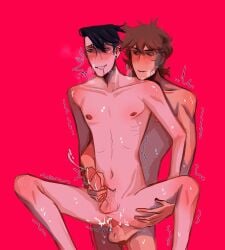 2boys black_hair brawl_stars crossover cum cum_in_ass cum_inside cum_on_ass eddsworld edgar_(brawl_stars) edgar_is_gay gay handjob handjob_while_penetrating male male/male male_only pink_background reach_around red_background shaking tagme tapok tord_(eddsworld)