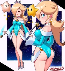 1girls alternate_costume ass back bare_chest bare_shoulders blonde_hair blue_eyes breasts choker crown earrings eyelashes eyeliner female female_only heels leotard lipstick long_hair long_sleeves looking_at_viewer looking_back luma makeup mario_(series) medium_breasts princess_rosalina sarukaiwolf sleeved_leotard solo strapless_leotard super_mario_galaxy thick_thighs wand