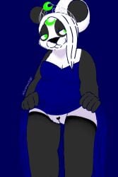 2:3 anthro black_body black_fur black_nose blue_clothing blue_dress clothed clothing crown digital_media_(artwork) dress female fur fur_markings genitals giant_panda green_eyes hair hi_res mammal markings mika_(lunarpanda8686) pussy round_ears simple_background slightly_chubby solo tiara ursid white_body white_fur white_hair