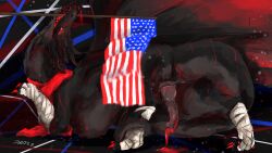 anthro anthro_only arkylite ass bandage bandaged_leg black_body black_scales black_tongue bodily_fluids claws colored_cum cum cum_drip cum_on_ground cum_on_penis dark_body diamondbackdrake dragon dripping feral flagpole genital_fluids genitals glowing glowing_eyes hi_res horn male patriotism penis politics presenting presenting_hindquarters presenting_penis red_claws red_cum red_eyes red_stripes scales scalie scarf solo spiked_penis spikes spikes_(anatomy) stars_and_stripes stripes tail_wrapped tongue united_states_of_america unusual_bodily_fluids unusual_cum unusual_genital_fluids western_dragon