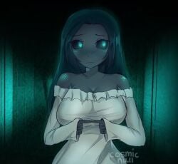 1girls artist_request big_breasts blush cyan_hair dark_skin doors_(roblox) female halt_(doors) humanized monster monster_girl roblox roblox_game rule_63 shy source_request tagme white_dress