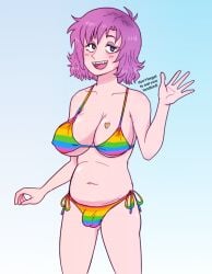 big_breasts bikini bikini_bottom bikini_top blue_background body_positivity breasts bulge cleavage english_text futanari gradient_background heart_tattoo looking_at_viewer makeup nipple_bulge original original_character penis_bulge pink_hair politics pride_color_clothing pride_colors rainbow_clothing sesameseedfun sharp_teeth sky_background slightly_chubby smile solo standing stretch_marks subliminal_message tattoo waving