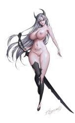 1girls absurdres armpits black_thighhighs breasts bright_pupils cape censored child_bearing_hips demon_girl female female_only full_body grey_background grey_eyes grey_hair highres holding holding_sword holding_weapon horns huge_breasts long_hair naked_footwear navel nipples nude nude_female original pink_nipples pubic_tattoo pussy reverse_grip signature succubus succubus_horns succubus_queen succubus_queen_(tangerine) succubus_tattoo sword tangerine_(dudu) tattoo thick_thighs thighhighs thighs thin_waist very_long_hair weapon white_pupils wide_hips