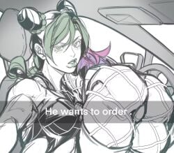 1boy 1girls 61troyard ass ass_focus ass_up ass_view big_ass bubble_ass bubble_butt car female green_eyes green_hair he_wants_to_order jojo's_bizarre_adventure jolyne_kujo male male_focus meme narciso_anasui selfie snapchat stone_ocean