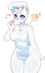 1girls :3 ? animal_ears anthro apron apron_only bear big_breasts bimbo_(bakery) bimbo_bear blue_eyes blush female fredek666 grupo_bimbo hat heart mole mole_on_thigh mole_under_eye naked_apron nipple_bulge nipples_visible_through_clothing partially_clothed smile solo standing thick_thighs thighs white_background white_fur