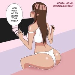 blush blushing_at_viewer brown_hair drawing drawing_tablet genia_(oc) glossy hentai_genia hentai_genia_(oc) red_eyes white_panties white_shirt