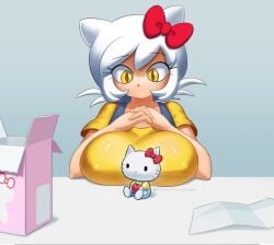 1girls 2022 absurd_res animal_ears apple artist_name bare_arms bow box breast_rest breast_squeeze breasts cat_ears catgirl clothed clothing cute doll eyebrows_visible_through_hair female female_only hair_ribbon hands_together hello_kitty hello_kitty_(character) hello_kitty_(series) highres holding_apple holding_food holding_fruit humanized interlocked_fingers kitty_white large_breasts looking_at_object minus8 nipple_bulge o.o paper ribbon sanrio shirt short_hair slit_pupils solo suspenders table tight_clothing toy url watermark whiskers white_hair yellow_eyes yellow_shirt