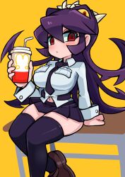 big_breasts black_legwear breasts clothed clothing cute female filia_(skullgirls) food holding_object jimafy long_hair looking_at_viewer mcdonald's miniskirt red_eyes samson_(skullgirls) school_uniform shirt shoes silly skirt skullgirls tagme thick_thighs thighhighs