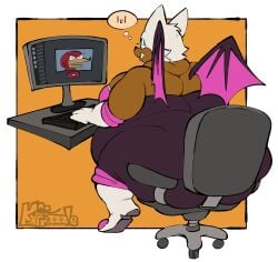 1boy 1girls 4_fingers angry anthro ass bbw big_ass big_breasts bodysuit boots breastplate breasts chair computer dark-skinned_female dark_skin duo eyeshadow fat female fully_clothed hi_res kafrizzzle knuckles_the_echidna makeup male obese overweight overweight_female rouge_the_bat sega shoes signature sonic_(series) thought_bubble tight_clothing video_camera watermark webcam wings