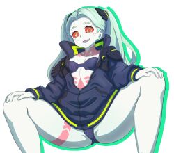 1girls body_markings breasts cybernetics cyberpunk:_edgerunners cyberpunk_2077 cyborg female female_focus female_only green_eyes kurofuro long_hair rebecca_(edgerunners) red_sclera small_breasts squatting twintails