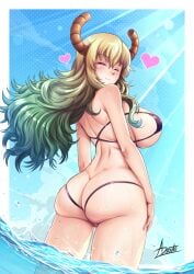 adsouto ass bikini black_bikini blonde_hair breasts closed_eyes dragon_girl dragon_horns female gradient_hair green_hair highres horns huge_breasts kobayashi-san_chi_no_maidragon long_hair lucoa lucoa_(maidragon) miss_kobayashi's_dragon_maid multicolored_hair quetzalcoatl_(dragon_maid) solo standing swimsuit wavy_hair