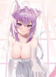 ahoge animal_ear_fluff animal_ears bangs breasts bridal_veil bride cat_ears cat_girl cat_tail circlet cleavage closed_mouth collarbone commentary_request dress elbow_gloves female gloves highres hololive hololive_gamers hololive_japan indoors jewelry large_breasts leaning_forward light_blush lips medium_hair nekomata_okayu outstretched_hand pov purple_eyes purple_hair ring shadow smile solo strapless strapless_dress sunlight tail tears veil virtual_youtuber wedding wedding_dress wedding_ring white_dress white_gloves window woogi_(duguddnr)