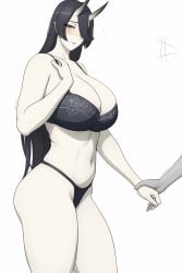 1boy 1girls asahi_(lvl) bikini black_bikini black_hair blush breasts cleavage color edit embarrassed female female_focus hair_between_eyes hair_over_one_eye highres holding_hands horns huge_breasts long_hair lvl lvl_(sentrythe2310) oni oni_horns original solo_focus swimsuit tall_female wholesome