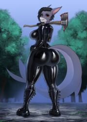 absurd_res anthro ass axe big_butt black_bodysuit blood bodily_fluids bodysuit clothed clothing corset female fish hi_res latex latex_clothing lingerie marine melee_weapon rubber rubber_clothing rubber_suit shark skinsuit solo thick_thighs tight_clothing topwear transfaled_(fwexz) weapon