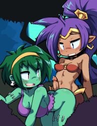 1futa 1girl1futa 1girls 2022 ass average-hanzo bent_over blue_eyes bodily_fluids bottomless breasts cleavage clothed clothing dark-skinned_futanari dark_skin ear_piercing ear_ring female female_focus futa_on_female futanari genie genital_fluids genitals green_body green_hair green_skin gynomorph gynomorph/female hair human human_on_humanoid humanoid humanoid_pointy_ears imminent_sex intersex intersex/female interspecies long_hair looking_back_at_partner mammal medium_breasts navel not_furry open_mouth partially_clothed penis piercing ponytail precum purple_hair red_eyes ring_piercing rottytops shantae shantae_(character) smooth_skin standing undead video_games wayforward zombie