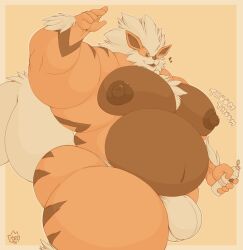 2022 5_fingers anthro arcanine ass belly beverage big_moobs big_muscles big_nipples big_pecs brown_belly bulge chest_tuft clothing fingers fur generation_1_pokemon hair heart hi_res holding_beverage holding_object holding_water_bottle looking_at_viewer male male_only mane mkvero monochrome moobs musclegut muscular muscular_anthro muscular_male navel nintendo nipples orange_body orange_eyes orange_fur overweight overweight_anthro overweight_male pecs pokemon pokemon_(species) solo sound_effects standing stripes thick_thighs tuft underwear video_games wave white_clothing white_hair white_mane white_underwear
