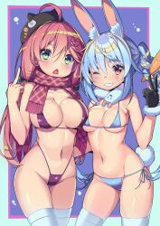 2girls 35p_(sakura_miko) absurdres ahoge animal_ears bikini black_gloves blue_hair blush breasts chai_mao commentary_request contrapposto cowboy_shot don-chan_(usada_pekora) female female_only fur-trimmed_gloves fur_trim gloves grin groin hair_between_eyes halterneck highleg highleg_bikini highres hololive hololive_fantasy hololive_gen_0 hololive_japan hug large_breasts long_hair medium_breasts micro_bikini middle_finger multiple_girls navel one_eye_closed pink_hair rabbit_ears rabbit_girl rabbit_tail revision sakura_miko scarf side-tie_bikini skindentation smile standing string_bikini swimsuit tail thighhighs triangle_mouth usada_pekora virtual_youtuber waist_hug white_legwear