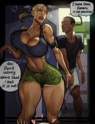 1boy 1girls big_breasts bimbo bimbo_lips blonde blonde_hair curvy dark-skinned_male dark_skin dialogue gym holding_hands hourglass_figure imminent_sex interracial large_breasts light-skinned_female light_skin saigalisk speech_bubble text thick_lips thick_thighs voluptuous