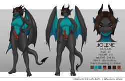 absurd_res anthro art.eje balls black_body breasts brown_hair dragon english_text genitals group hair herm hi_res horn intersex model_sheet multicolored_body penis red_eyes teal_body text thick_thighs trio two_tone_body wings