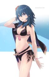 1girls alternate_costume bangs bikini black_bikini black_cape black_swimsuit blue_eyes blue_hair blush breasts byleth_(fire_emblem) byleth_(fire_emblem)_(female) byleth_(summer)_(fire_emblem)_(female) cape cleavage commentary_request female female_only fire_emblem fire_emblem:_three_houses fire_emblem_heroes flower hair_between_eyes hair_flower hair_ornament hand_in_own_hair hibiscus highres komurice long_hair looking_at_viewer medium_breasts navel nintendo official_alternate_costume omelette586 parted_lips red_flower scabbard sheathed short_sword solo stomach swimsuit sword twitter_username weapon wet wet_hair