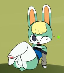 1boy animal_crossing anthro ass balls blonde_hair blush clothed clothing digital_media_(artwork) fur genitals girly green_body hair heart lagomorph leporid male male_only mammal nintendo one_eye_closed penis rabbit sasha_(animal_crossing) solo tongue tongue_out video_games vono wink