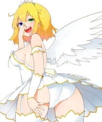 13o alternate_version_available angel angel_wings blonde_hair heterochromia looking_at_viewer looking_back ryouna_(senran_kagura) senran_kagura tiara upskirt white_background white_dress white_panties