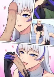 bald_guy_(band-width) band-width blue_eyes console-tan controller game_console heart humanized licking_penis looking_at_partner oral penis personification pervert playstation ps5-tan smile sony_corporation sony_interactive_entertainment unzipped_pants white_hair