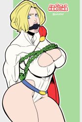 1girls ball_gag big_breasts black_ball_gag blonde_hair blue_eyes bondage bound breasts captured captured_heroine chained chains cleavage cleavage_cutout dc dc_comics defeated defeated_heroine domination drool drooling female female_only femsub forced forced_exposure forced_submission frustrated gag gagged helpless humiliation karen_starr kidnapped kryptonian light-skinned_female light_skin looking_at_viewer power_girl pululon restrained superheroine superman_(series) thick_thighs tied_up wide_hips