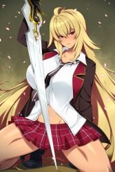 blazer blonde_hair button_down_shirt giant_sword kneeling lindaroze long_hair miniskirt necktie pleated_skirt school_uniform shikishima_mirei skirt solo valkyrie_drive