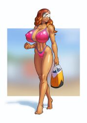 1girls 2d 2d_(artwork) adult aged_up alya_cesaire bag big_breasts bikini bimbo_body blurry_background dark-skinned_female feet female female_only firstedition giant_breasts grown_up huge_breasts miraculous:_tales_of_ladybug_and_cat_noir miraculous_ladybug muscular_female nipple_bulge orange_hair pink_bikini sunglasses tagme tinted_eyewear